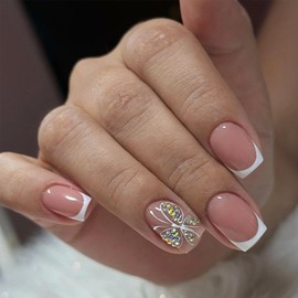 Short Press on Nails Square Fake Nails White French Tip Stick on Nails Full Cover Gem Butterfly Glue on Nails Reusable Nude Pink Acrylic Nails Shine Gem False Nails for Women DIY Manicure Supplies