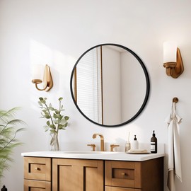 Round Mirror, Black Round Mirror 28 Inch Round Bathroom Mirror Round Wall Mirror Frosted Metal Frame Anti-Rust Tempered Glass Mirror for Bathroom Bedroom Entryway Living Room