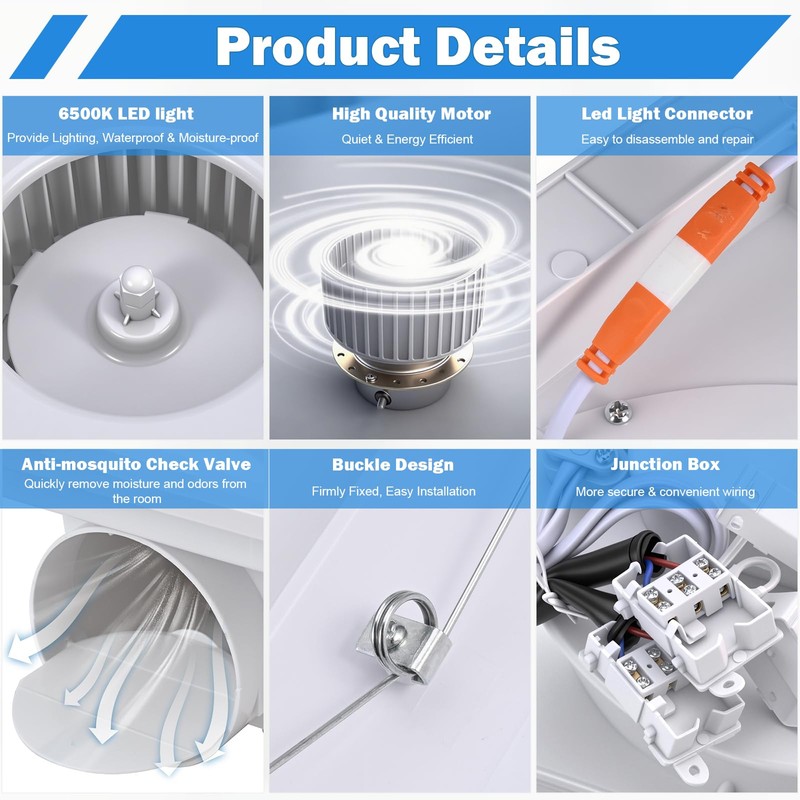 FEITON Square Bathroom Exhaust Fan with Light, 160 CFM 35W