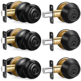 3 Sets Entry Door Knob and Single Cylinder Deadbolt Combo Set, Keyed Alike Round Ball Matte Black Exterior Door Knobs with Lock and Keys for Entrance and Front Door