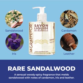 La Grappe d'Or Rare Sandalwood Marseille Hand Soap with Essential Oils | Handmade in France from Moisturizing Organic Olive & Coconut Oil | Natural Cruelty-Free & Vegan, 16.90 oz Liquid