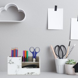 Relaxdays Desk Organiser, Pen Holder with 3 Compartments, Marble Look, HBD: 11 x 20 x 9 cm, Office Organiser, White