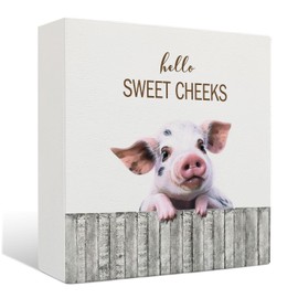 Nrleey Funny Bathroom Wooden Signs - Rustic Hello Sweet Cheeks Bathroom Decor, Funny Pig Bathroom Decor, Farmhouse Bathroom Decor, 5 X 5 Inches