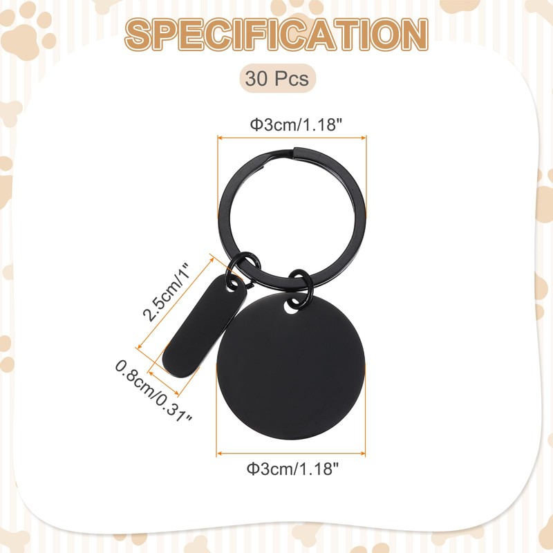 [PATIKIL] ステンレス製エングレービングキーチェーン空白 30個 メタルレザー刻印可能なスタンピング空白キーリングタグ DIYキーチェーン クラフト 黒トーン（ラウンド）