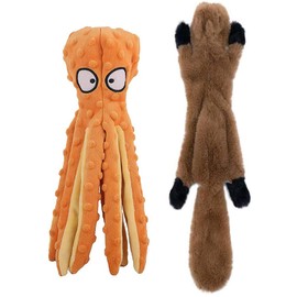 Squeaky Dog Toys for Small, Medium, and Large Pets, Cute Interactive Plush Dog Chew Toys, Orange Octopus and Squirrel, 2 Pack