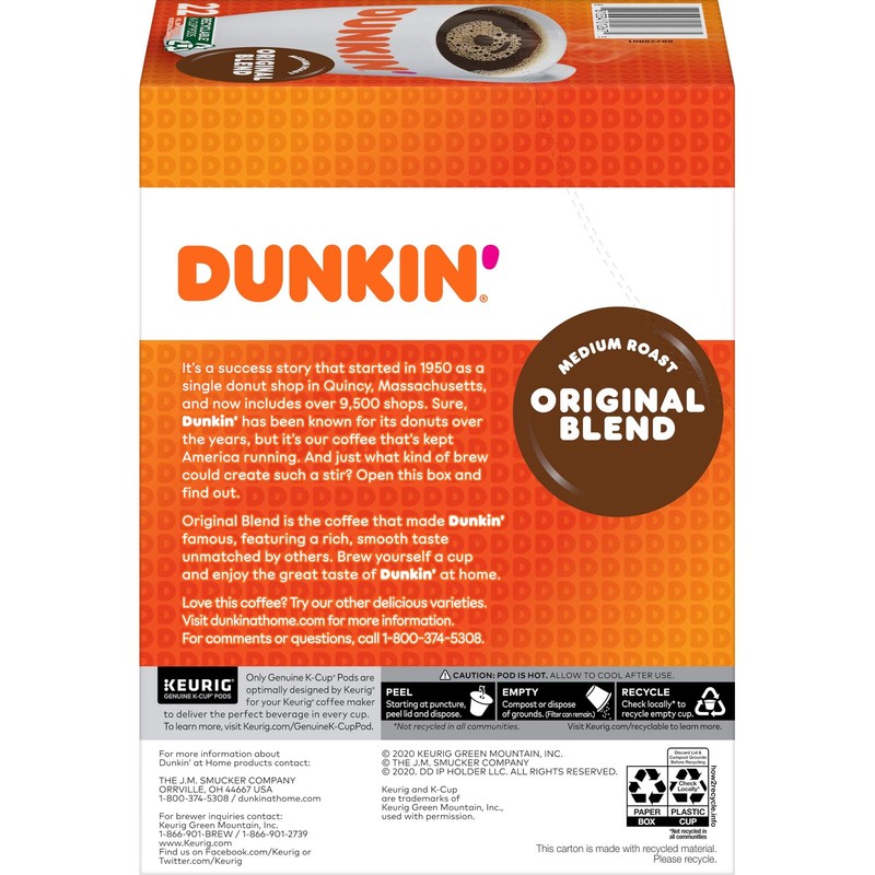 Dunkin' Original Blend Medium Roast Coffee, 22 K Cups for