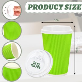 Whaline 100Pcs Neon Color Disposable Coffee Cups with Lids 16oz Fluorescent Color Paper Cups Corrugated Ripple Wall Insulated Hot Cups for Home Office Party Supplies
