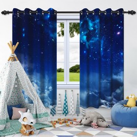 Starry Night Curtains for Bedroom 63 Inch Length 2 Panels, Galaxy Night Sky Light Filtering Thermal Insulation Thick Fabric Curtains, Children's Room and Living room Privacy Curtains, 52"W x 84"L