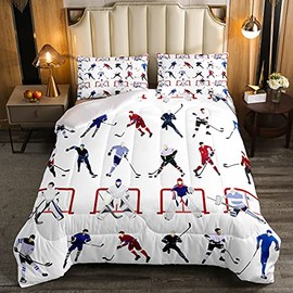 Ice Hockey Bedding Set Kids Sports Event Comforter Set Hockey Player Comforter for Boys Room Decor Lightweight Duvet Set Full with 2 Pillow Case