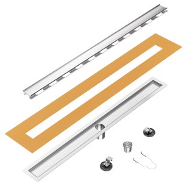 24 inch Linear Shower Drain with Tile Insert Grate Cover, Brushed 304 Stainless Steel Bonding Flange Linear Drain, Low Profile Linear Shower Drain with Hair Strainer