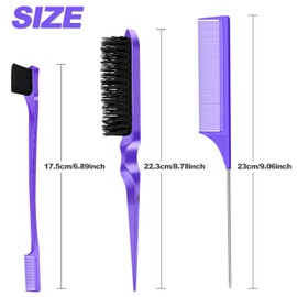 Sularpek 3 Pcs Slick Brush Set, Hair Brush Comb Set, Rat Tail Comb, Double Sided Edge Brush, Plastic Bristle Hair Brush Teasing Comb Edge Hair Brush, for Hairdresser Women Baby Children (Purple)