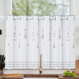 AooHome Cafe Curtain, 23.6 inches (60 cm) Length, Small Window, Stylish, Blindfold Curtain, Divider, UV Protection, Energy Saving, Breathable, Luxury Slub Cotton Linen Texture, Cute Floral Embroidery,