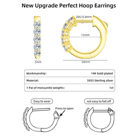 Moissanite Hoop Earrings & Huggie Ear Cuffs for Women Men, 18K White Gold Plated Sterling Silver Small Hoop Earrings, Hypoallergenic, Comfort Wedding Everyday Earrings, Small Hoop Earrings, Sterling