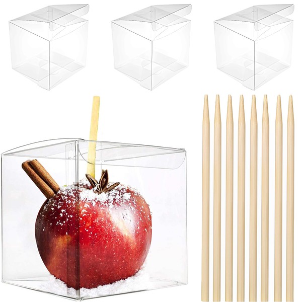 LOKQING 20 pack Candy Apple Boxes with Sticks Set Plastic Clear Caramel Apple Containers Chocolate Covered Apples Packaging Party Favor Gift Goxes,4 x 4 x 4 Inch