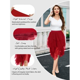 Wikoan Women's Tulle Skirt Multilayer Mesh Pleated Ladies Skirts Stylish Midi Skirts Irregular A-line Prom Party Skirt Red,S