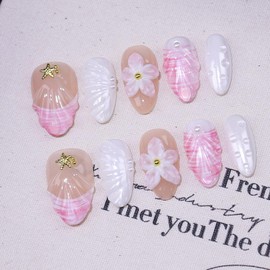 French Tip Press on Nails Short Almond Summer Fake Nails with 3D Flower Starfish Design Reusable Artificial Handmade False Nails Pink White Glossy Glue on Nails for Women Girls Acrylic Nails DIY 10Pcs