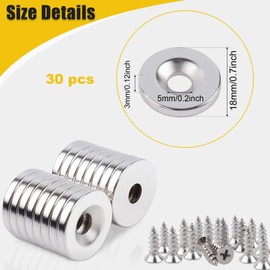 MIN CI Pack of 30 Neodymium Magnets with Hole M5, 18 x 3 mm Magnets Strong Large Magnet Screwable Countersunk Head Magnet for Screwing on Pot Magnet Kitchen Cabinet