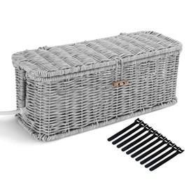 Cable Management Box, Desk Handmade Imitation Rattan Cord Hider Organizer Box With Lid & Button Lock, Power Strip Holder Box, Floor Outlet Cord Storage Box (grey)