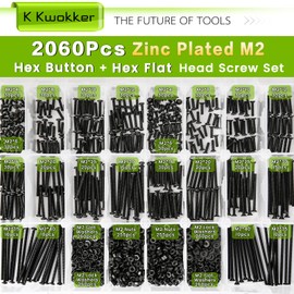 K Kwokker 2060 x M2 Screw Kit 4MM to 40MM, M2 Button Head Screws & M2 Flat Head Screws, Upgraded Zinc Plated M2 Screws Assortment Kit w/Nuts and Bolts, Washer and Lock Washers, Black Machine Screws