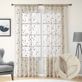 HOMEIDEAS Taupe Sheer Curtains 52 X 96 Inches Long 2 Panels Beige Embroidered Leaf Pattern Pocket Faux Linen Floral Semi Sheer Voile Window Curtains/Drapes for Bedroom Living Room
