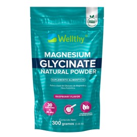 Wellthy Glicinato de Magnesio 300g Sabor Raspberry. 30 Porciones, Equivalente a 500mg de Magnesio, Reforzado con Orafti®, Endulzado con Monk Fruit, Scoop Incluído, Botte Free.