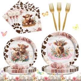 Hombae Highland Cow Baby Shower Supplies Tableware Set, Baby Shower Decorations for Girl, Cow Themed Baby Shower Decorations, Highland Cow Themed Plates, Napkins, Forks, Serves 24 Guests