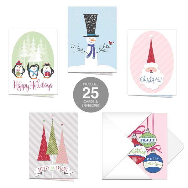 Nostalgic Greetings Christmas Cards / 25 Holiday Cards With White Envelopes / 5 Winter Seasonal Designs / 4 5/8" x 6 1/4" Holiday Greeting Cards