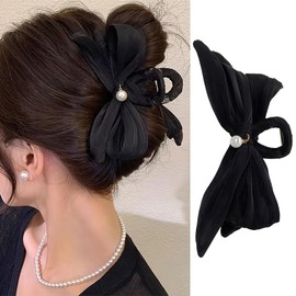 Pearl Bow Hair Clips Elegant Black Bowknot Hairgrips Hair Bows Claw Clip Temperament Shark Clip Hairpin Trendy Popular Hair Accessories for Women (Black)