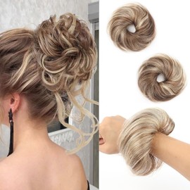 FGZJMAE Human Hair Bun Extension Medium Brown Highlighted Bleach Blonde Natural Curly Elegant Chignon with Elastic Rubber Band(2 Count #P4-613 Medium Brown Highlighted Bleach Blonde