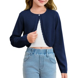 Girls Long Sleeve Bolero Cardigan Sweater Kids Cute Button Knit Shrug Cropped Sweaters Tops Navy Blue