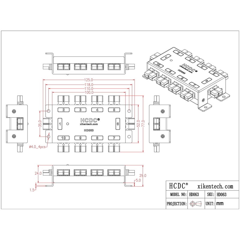 HCDC HD063 10 Position DC Power Distribution Block Module for
