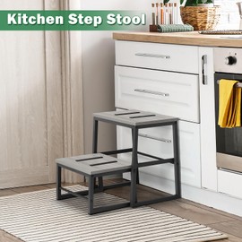 Wooden Step Stool for Adults, Heavy Duty Sturdy Stepping Stools Hold up to 500Lb, 3 in1 Bed Step Stool with Metal Frame, Two Step Stool for High Beds/Kichen/Bathroom, Grey