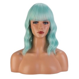 Greenmirr Short Mint Green Bob Wavy Wigs with Fringe Heat Resistant Synthetic Hair 14 Inches