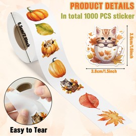 A1diee Autumn Fall Animal Sticker - Watercolor Dogs&Cats Pumpkin Thanksgiving Cute Cling Stickers Roll Decals for Scrapbook Laptops Party Favor Windows Water Bottle Decoration,1000Pcs with 16 Patterns
