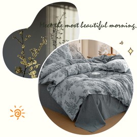 VM VOUGEMARKET Linen Duvet Cover Queen Monet Style Floral Duvet Cover Set,Jacquard Textured Comforter Cover 90"x90" with 2 Pillowcases,Navy Blue