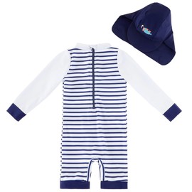 Baby Swimsuit Boy One Piece Rashguard with Hat UPF 50+ Sun Protection ，Blue Stripes,9-12 Months