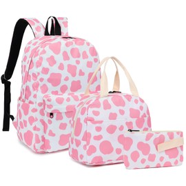 Mimfutu Cow Print School Backpack for Teen Girls, 3-in-1 Kids Backpack Bookbag Set School Bags with Lunch Box Pencil Case (Pink)