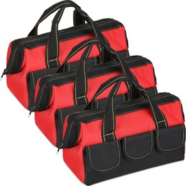 Sanwuta 3 Pack Tool Bag for Men with Waterproof Hard Bottom, Heavy Duty Tool Bag Wide Mouth Tote for Various Instrument, Electrician Carpenter Mechanic(16 Inch,Red)