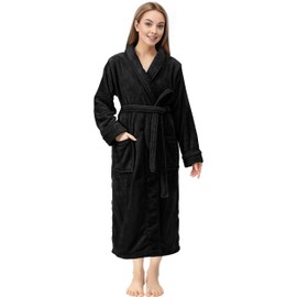 NY Threads Premium Womens Robe Plush Soft Long Bathrobe Warm Fleece Shawl Collar Spa Robe Pack of 1, Medium, Black