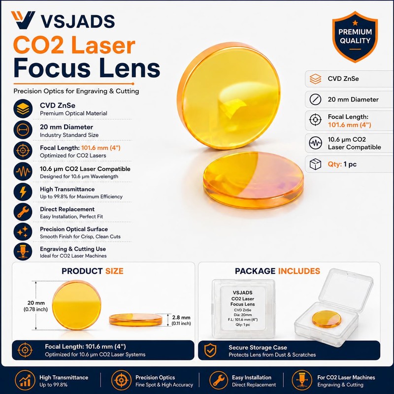 VSJADS CO2 Laser Lens, 20mm 101.6mm FL CVD ZnSe AR