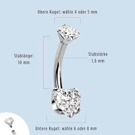 Stachelkleid Belly Button Piercing Heart Zirconia Inner Thread Jewellery Titanium Hypoallergenic Heart Piercing for Women Belly Piercing, Titanium