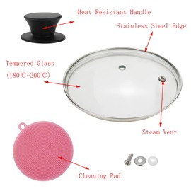 Geesatis 6"Tempered Glass Lid Heat Resistant Silicone Handle Frying Pan Lid Replacement Lid for Universal Pans, Pots, 1 Set, with Cleaning Pad