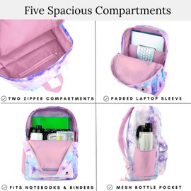 Fenrici Kids' Tie Dye Backpack with Lunch Box Set for Girls, School Bag with Laptop Compartment and Insulated Lunch Bag, Pink Tie Dye, Pink Trims