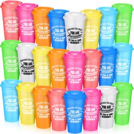 Skylety 24 Pcs Thank You Gifts You Are Awesome Coffee Cups with Lid 16 oz Plastic Tumblers Bulk Inspirational Reusable Appreciation Gift for Employee Coworker Teacher Colleague (Bright Colors)