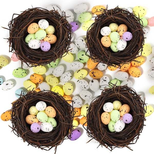 OOTSR Pack of 100 Assorted Colours Speckled Foam Easter Eggs and 4 Pieces Simulation Bird Nest Craft for Home Decoration Garden Ornaments Kids DIY Easter Party Decoration