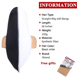 Xtrend 24 Inch Straight Headband Wig Long Straight Synthetic Black and White Hair Natural Looking Headband Attached Glueless Wigs Easy to Wear for Women