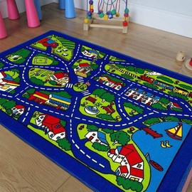 Kids Carpet Extra Large Playmat City Life - Learn & Have Fun Safe! Children's Educational, Road Traffic System, Multi Color, Blue Play Mat Rug Great for Playing with Cars