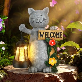 Json Solar Cat Outdoor Statues for Garden, Outside Decor with LED Lantern for Outside, Yard Decorations Outdoor, Garden Decor Unique Birthday Housewarming Gifts for Mom, Women