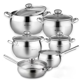 Daniks Classic 11-Piece Stainless Steel Cookware Set with Glass Lids, Includes Saucepan and Frying Pan with Lid, Tri-Ply Bases for Even Heating, Induction Compatible, Dishwasher Safe