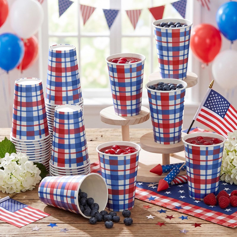 Tioncy 50 Pcs 12oz Patriotic Paper Cups, Red White Blue